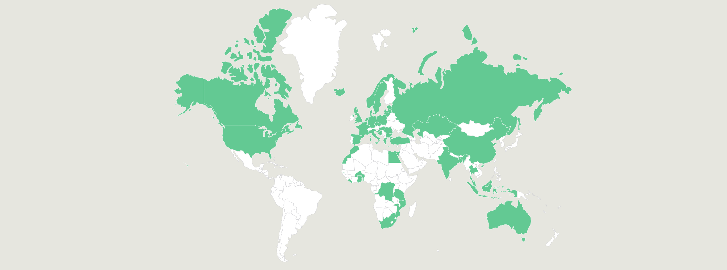 A world map. Europe, North America, Asia and parts of Africa are highlighted.