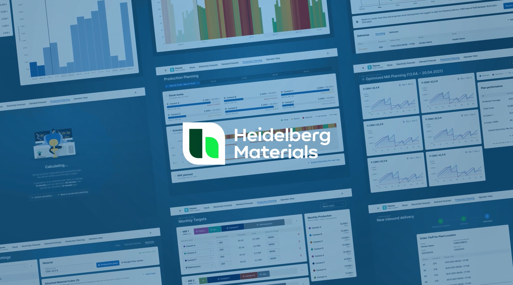 Numerous bar and line graphics and numbers can be seen on a blue background, with the Heidelberg Materials logo in the foreground.
