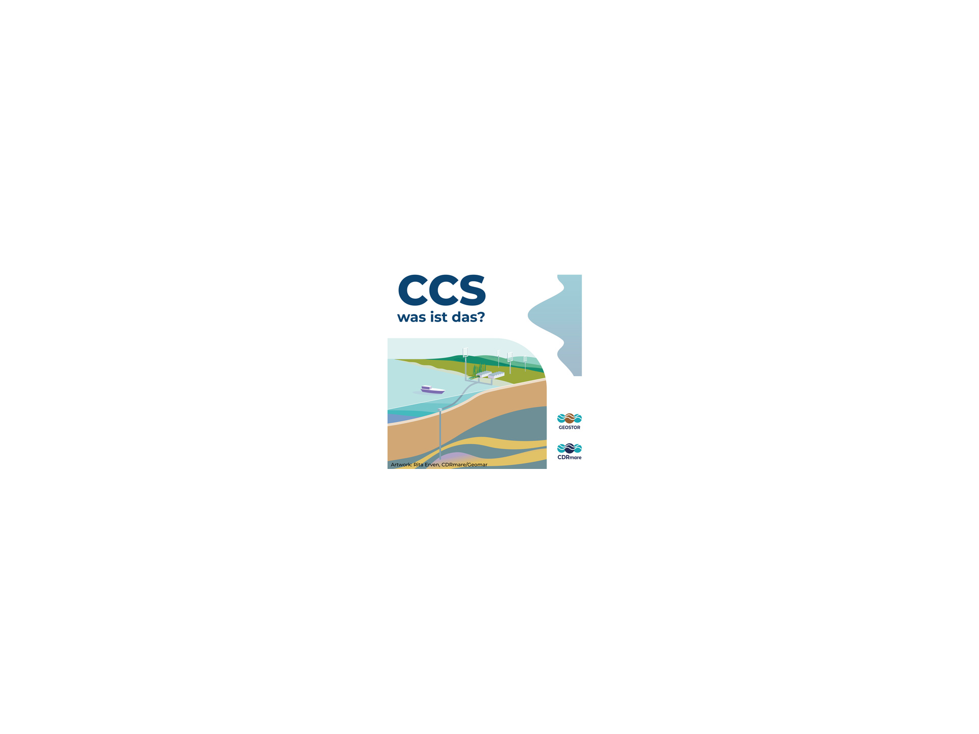 Cover photo; Text: CCS – was ist das?; Graphic: Cross-section through the sea with ship and pipeline