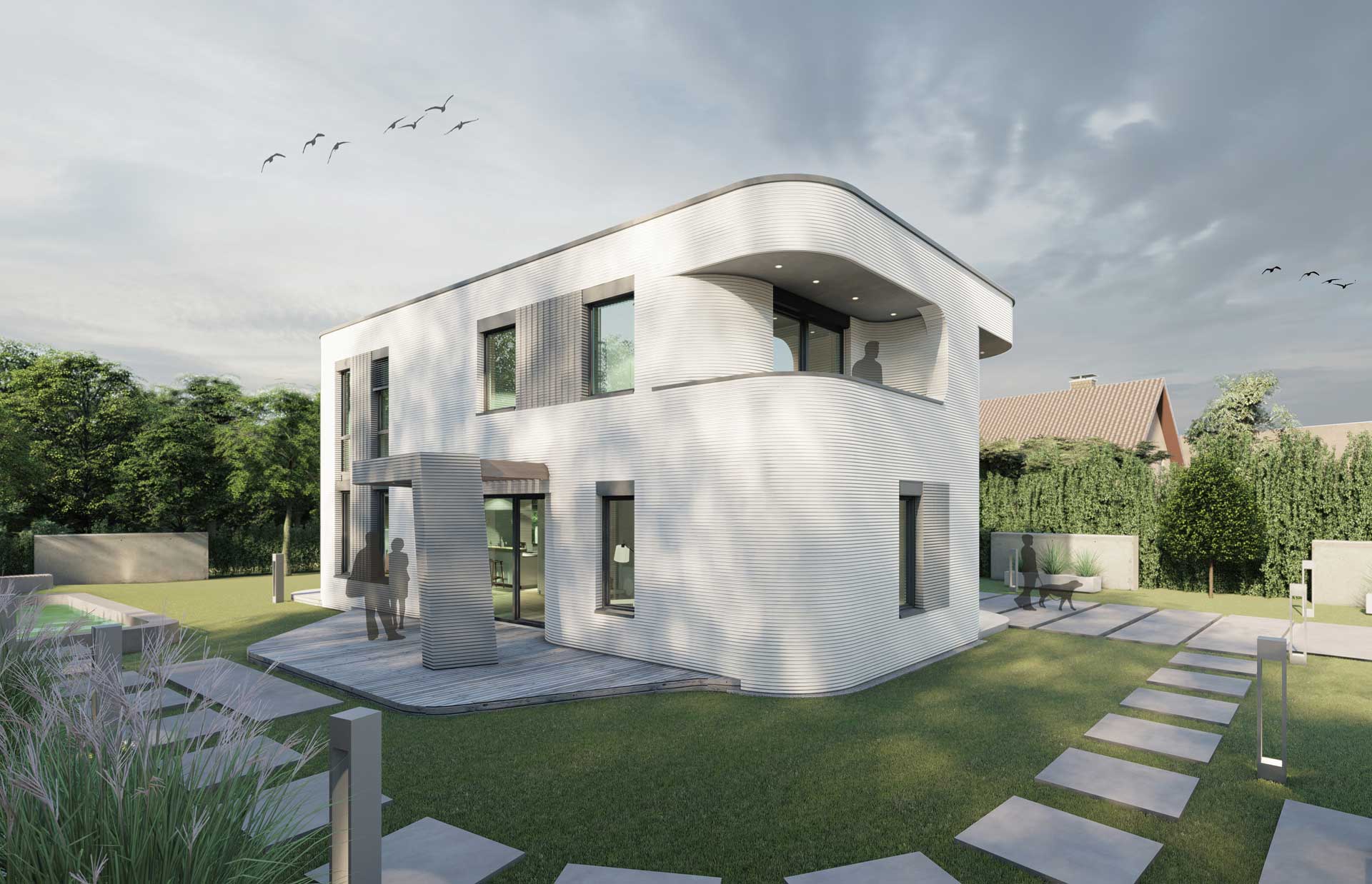 Modernes zweistöckiges Haus mit geschwungenem Design und weißen Wänden, vor einer grünen Rasenfläche und blauem Himmel