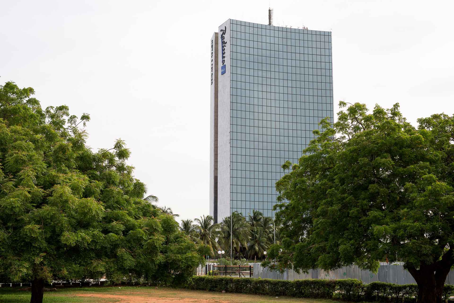 A tall glass building with the logo of Radisson at the top. The building is surrounded by greenery, with trees in the foreground framing the view.