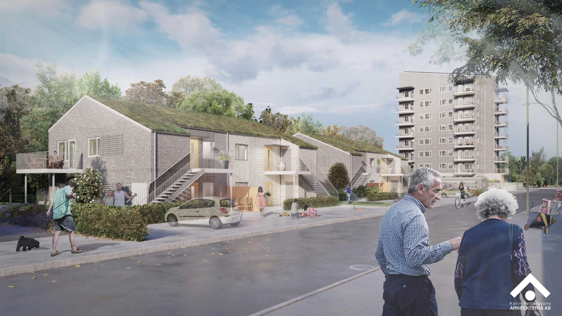 Illustration of a suburban street with terraced houses and a high-rise building, various people are on the move.