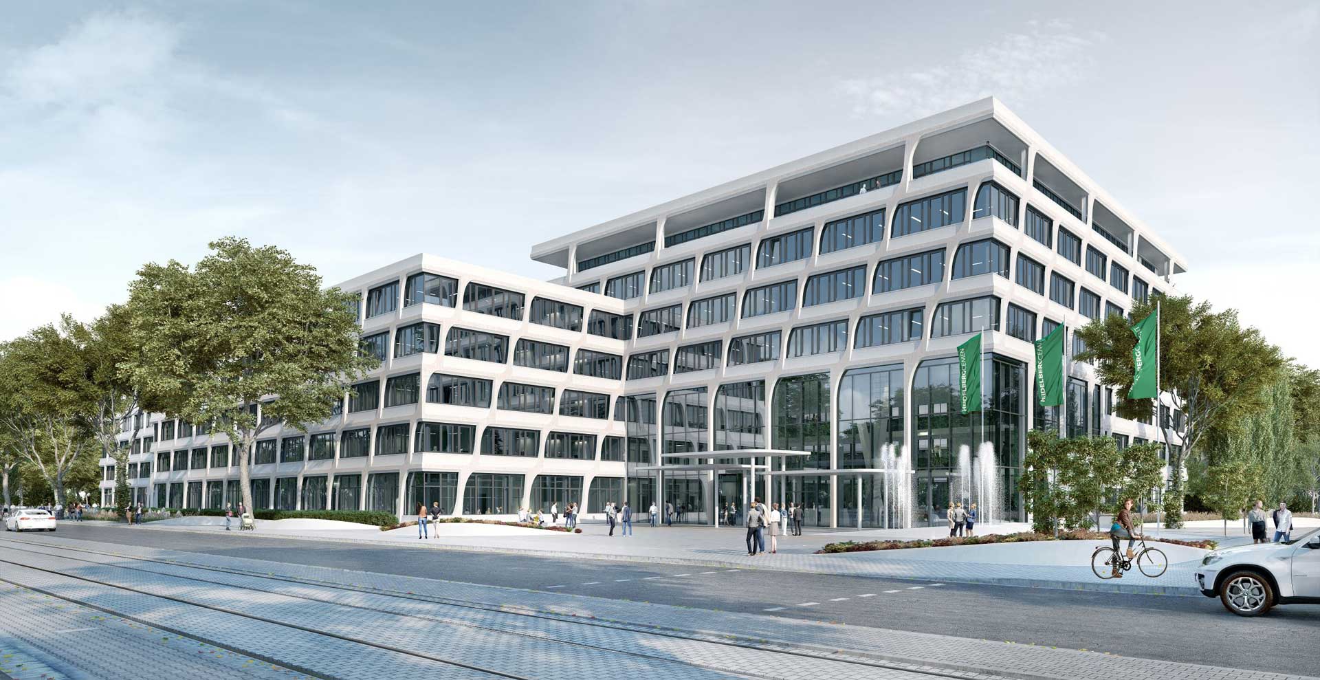 A modern, white office building with a glass facade and a central courtyard. People are walking around the building and there are trees and a fountain in the foreground.