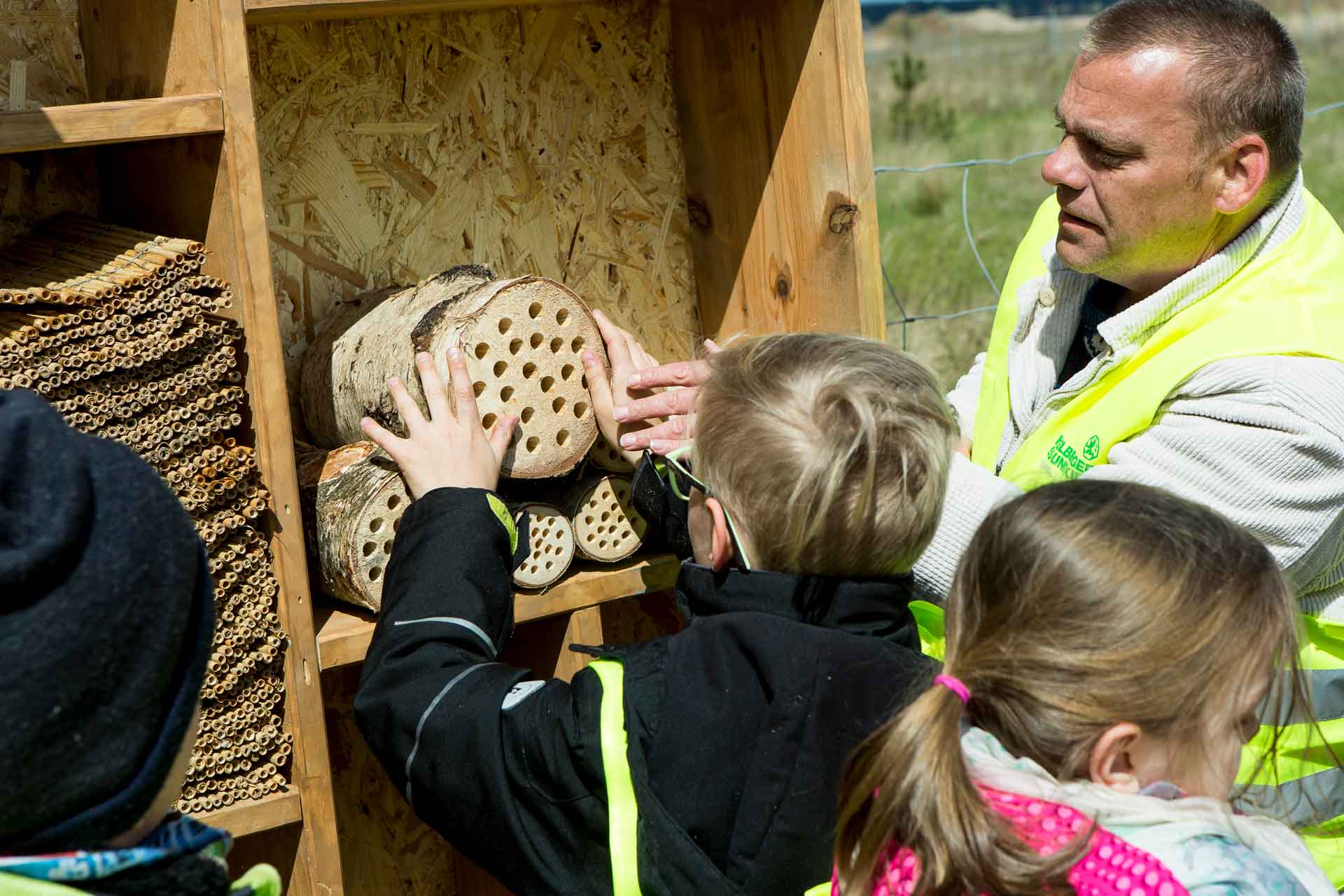 Group of individuals examining a large wooden insect hotel, engaged in an educational activity. One person is pointing at a section of the insect hotel.