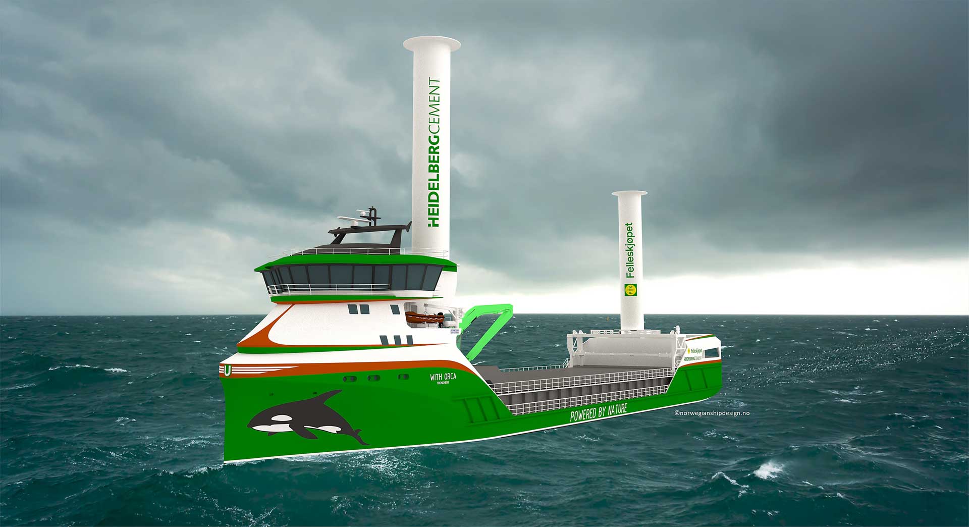 Green and white HeidelbergCement ship with eco-friendly features sailing on turbulent seas under a cloudy sky.