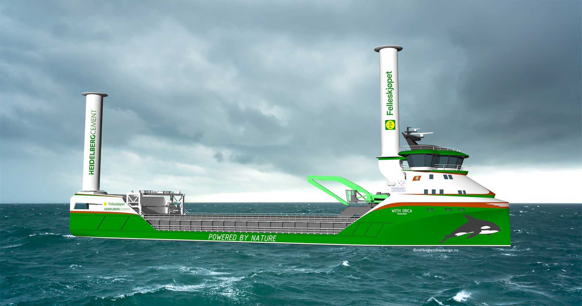 Digital rendering of a green and white ship labelled ‘Green Shipping Line’ and ‘Zero Emissions,’ with ‘Powered by Nature’ smokestacks, sailing under stormy skies.