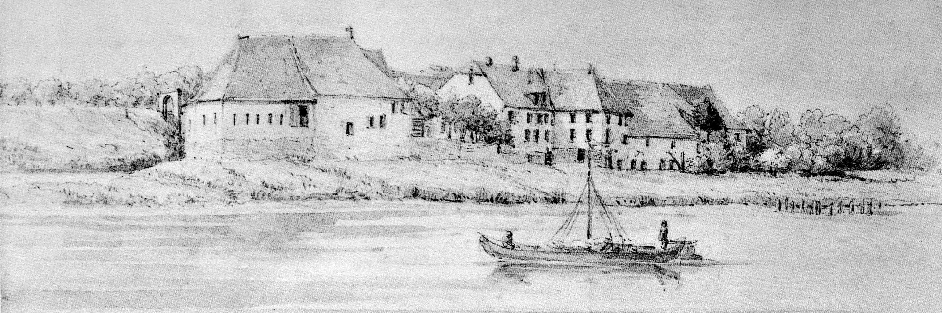 A black and white drawing of a historical settlement on the bank of a river. Several buildings with gabled roofs are visible, as well as a sailing boat on the river.