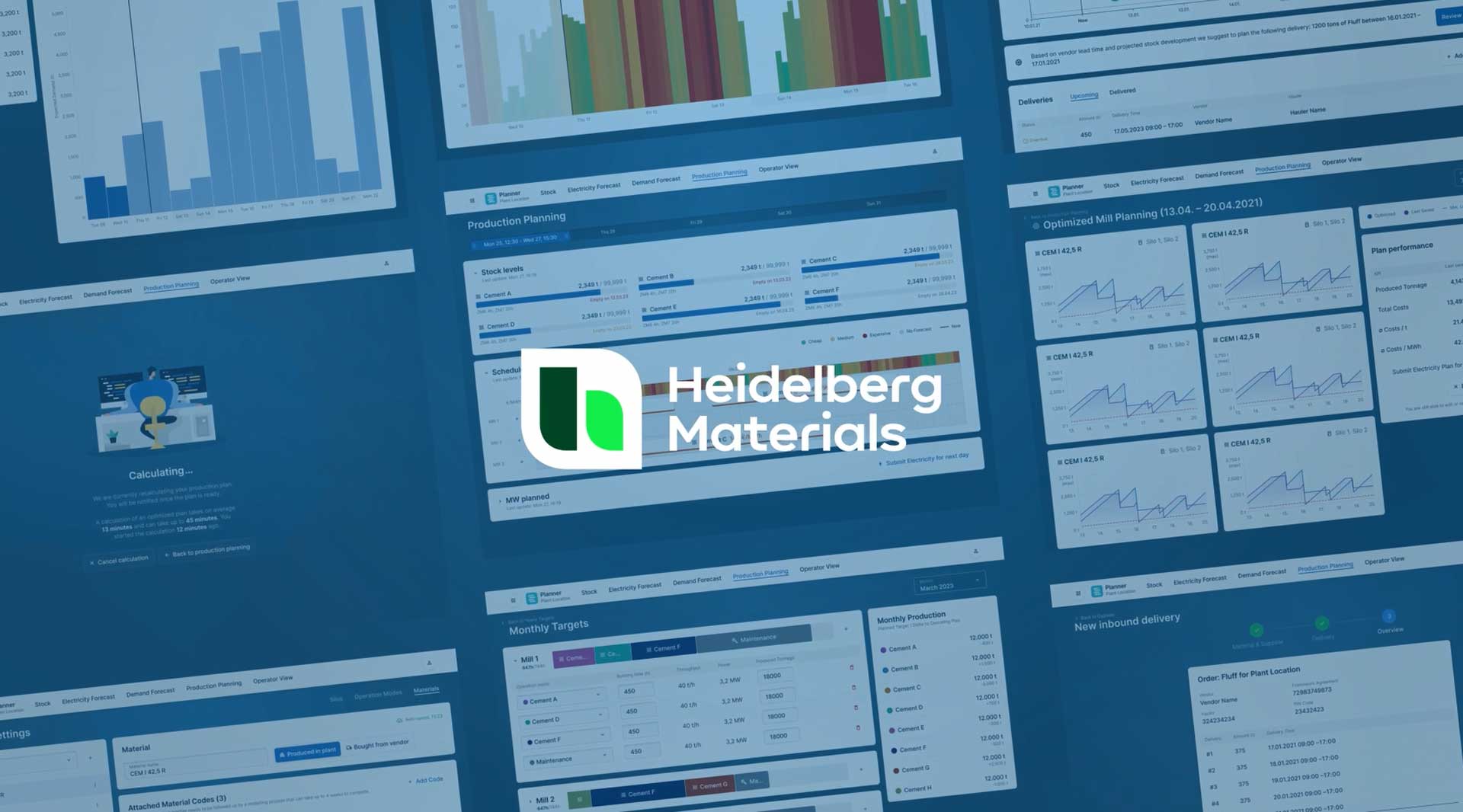 Numerous bar and line graphics and numbers can be seen on a blue background, with the Heidelberg Materials logo in the foreground.