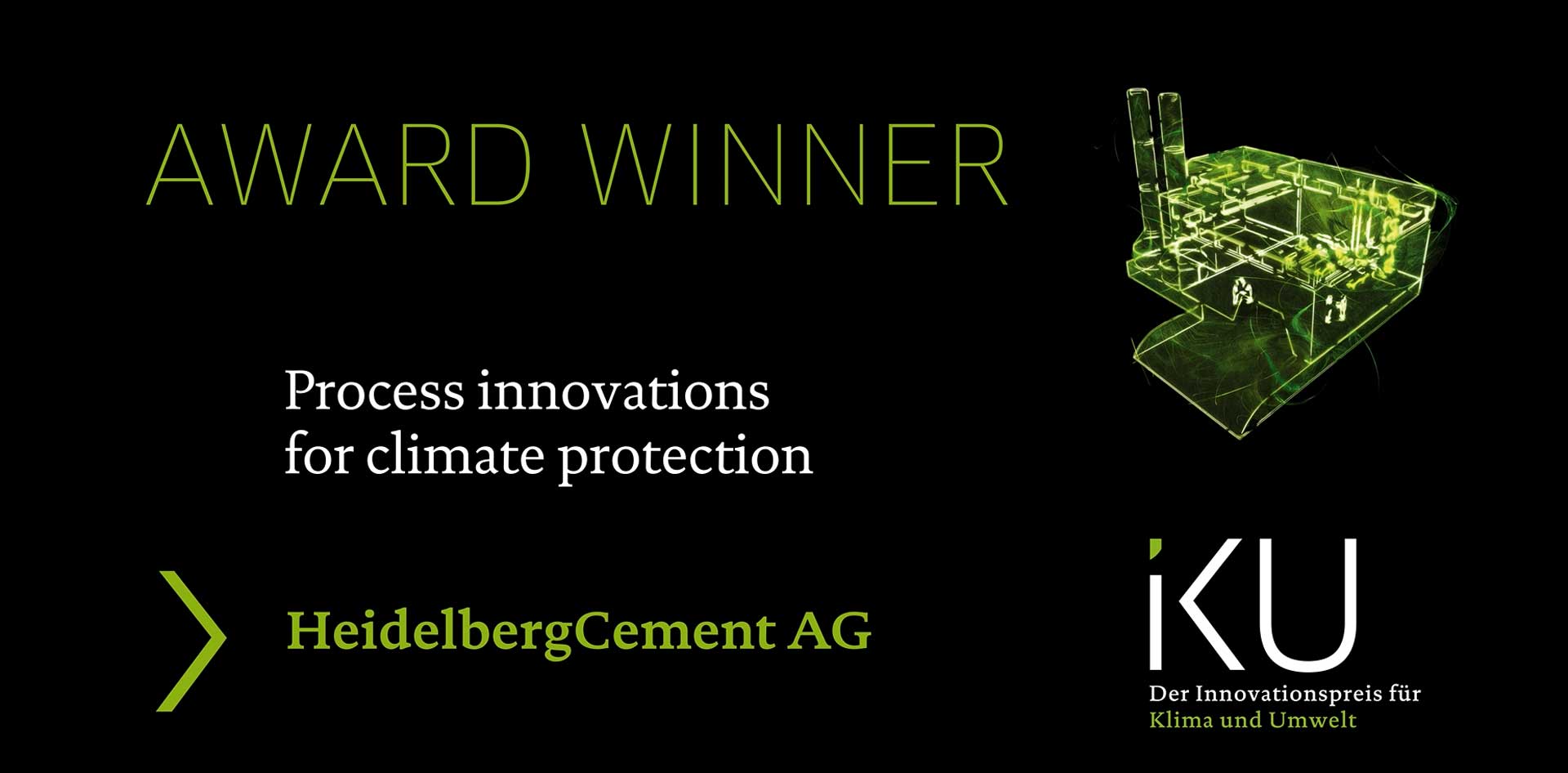 An award ceremony for HeidelbergCement AG to recognise its process innovations for climate protection. The picture shows a green illuminated outline drawing of a factory on a black background.