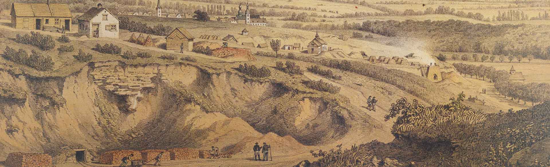 Historisches Gemälde einer Landschaft mit Kratern und Gebäuden