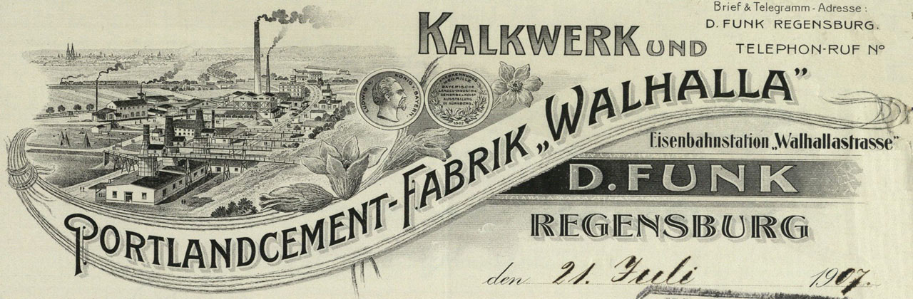 Historischer Briefkopf mit illustriertem Zementwerk und dem Aufdruck "Kalkwerk und Portlandcement-Fabrik Walhalla, D. Funk, Regensburg"