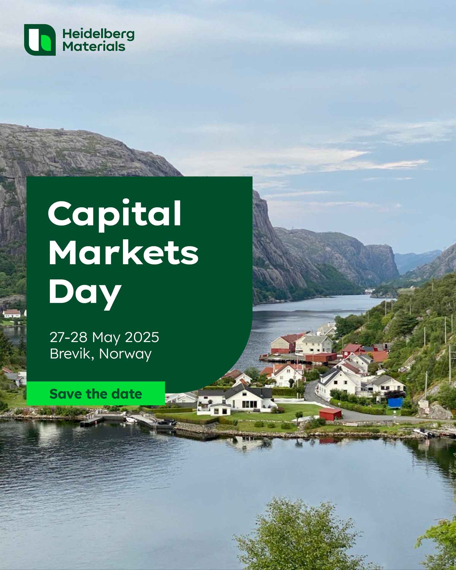 An invitation to Capital Markets Day hosted by Heidelberg Materials on 27-28 May 2025 in Brevik, Norway. The image features a scenic coastal landscape with a village and mountains.